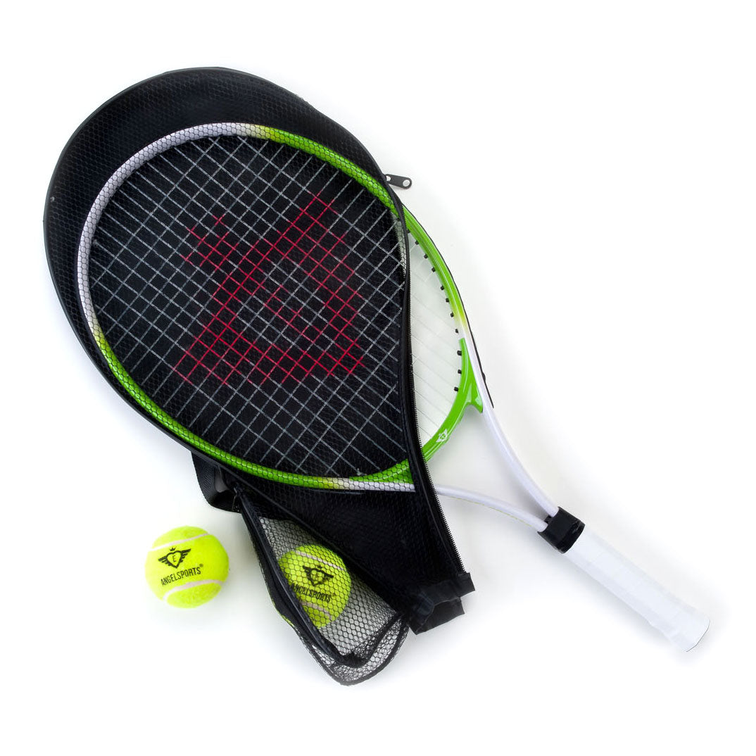 Tennis racket with cover and 2 balls green