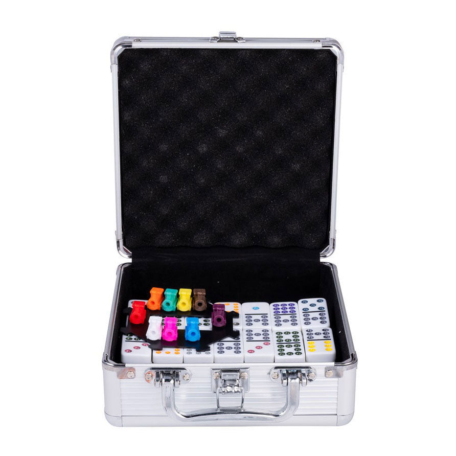 Engelhart domino double 12 Mexican train – 91 tiles with colored eyes – luxury aluminum case with handle – including station trains – strategic family game –