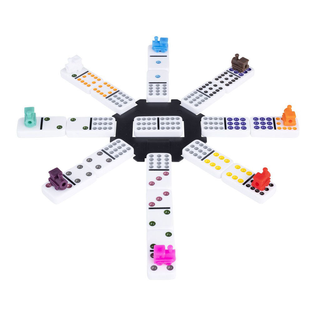 Engelhart domino double 12 Mexican train – 91 tiles with colored eyes – luxury aluminum case with handle – including station trains – strategic family game –