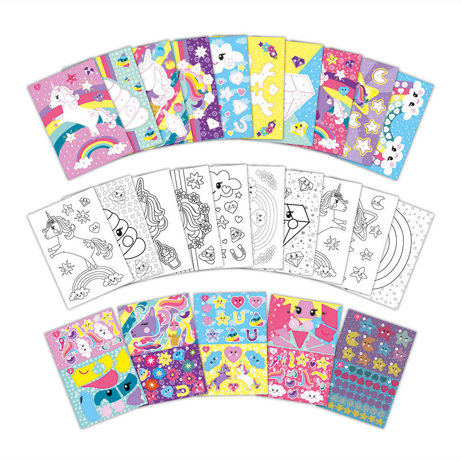 Totum Unicorn Sticker Puzzle Aktivitéitsbuch A5 - Vakanzebuch Sticker no Zuel inkl. Faarwen Säiten - Spillsaachen fir Meedercher vun 3 Joer