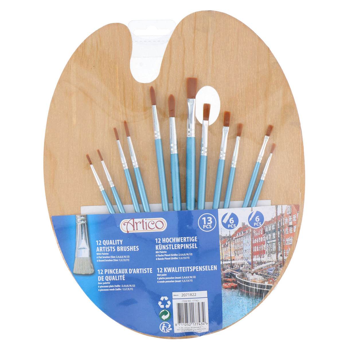 Paint brushes with wooden painting palette, 13dlg.