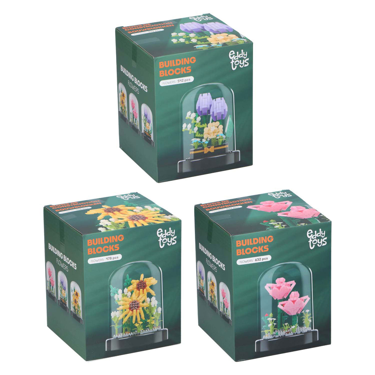 Building blocks of flowers in a glass bell jar