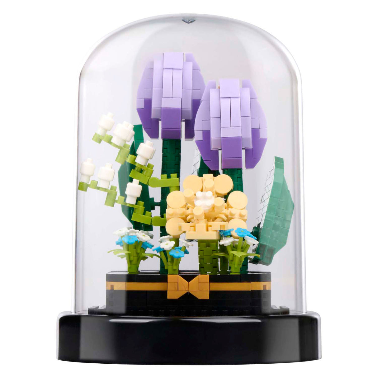 Building blocks of flowers in a glass bell jar