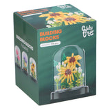 Building blocks of flowers in a glass bell jar