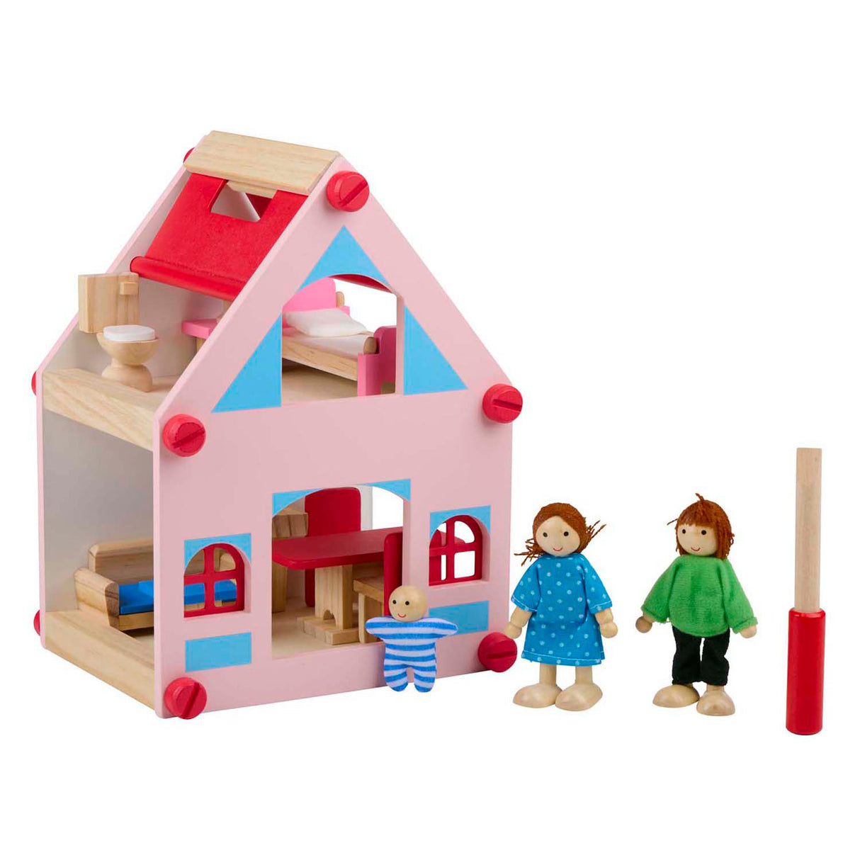 Wooden dollhouse with accessories, 30 pcs.