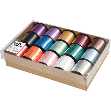 Creativ company gift ribbon, W: 10 mm, glossy, various colors, 15x50 m 1 box