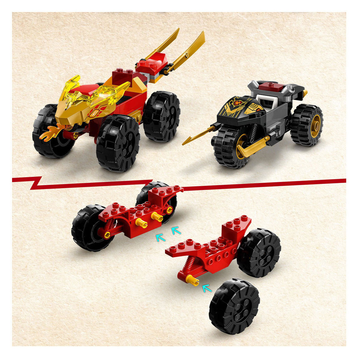 Lego Lego Ninjago 71789 Kai and Ras 'DRELL Tealt tëscht Auto a Motorrad