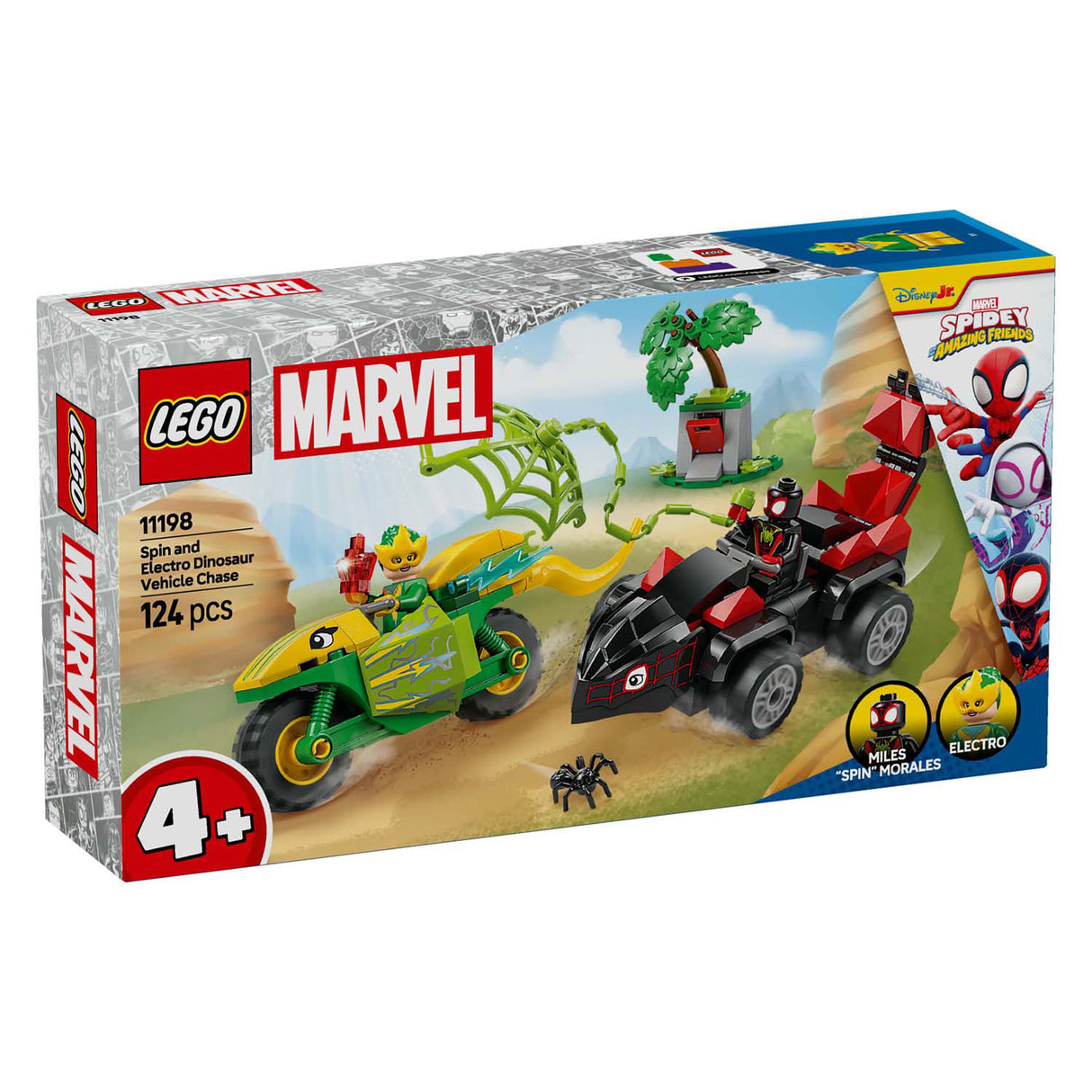 LEGO SPIDEY 11198 Spin y Electro Chase con vehículos de dinosaurio