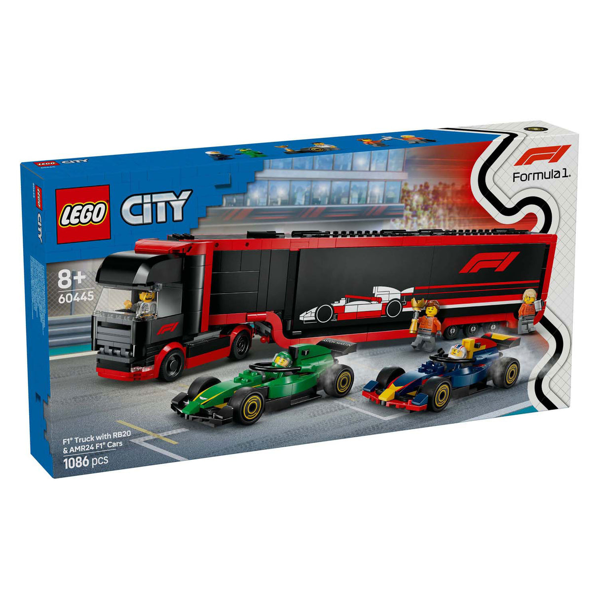 LEGO CITY 60445 F1 lastbil med RB20 og AMR24 F1 biler