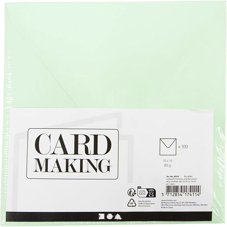 Enveloppes colorées de la société Creativ, format enveloppe 16x16 cm, 80 gr, différentes couleurs, 10x10 pièces 1 boîte