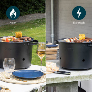 Princess 112240 hybrid bøttegrill | elektrisk | kull (svart, ø 32 cm | inkl. luksuriøs bambusservering og skjærebrett)
