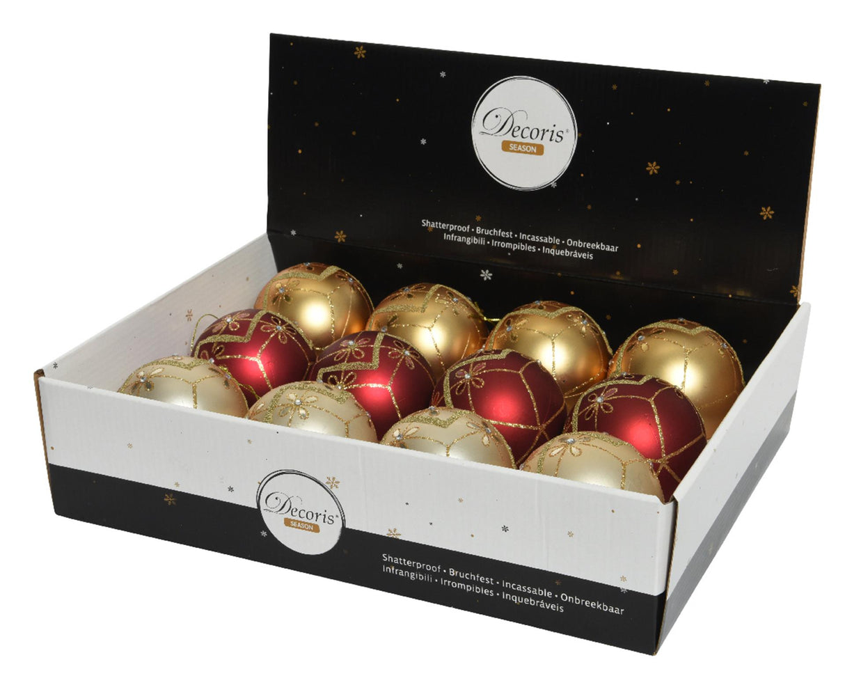 Decoris Weihnachtskugeln Mix 12 Stück Perlgold Rot