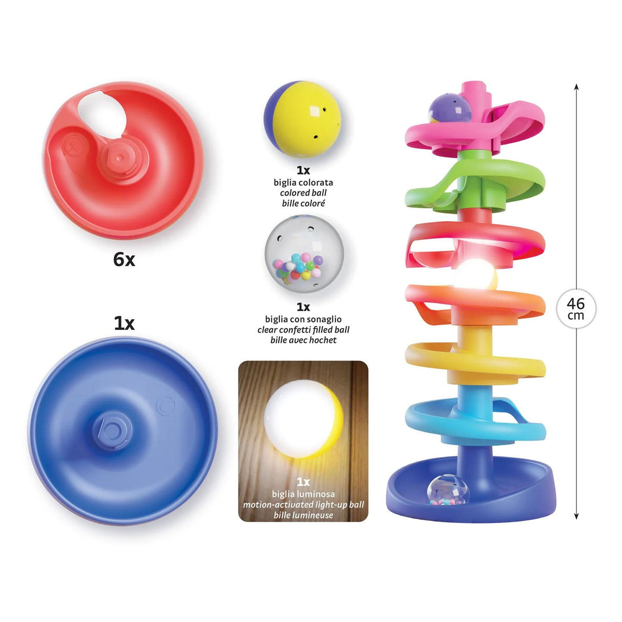 Quercetti spiral ball tower with luminous ball, 10dlg.