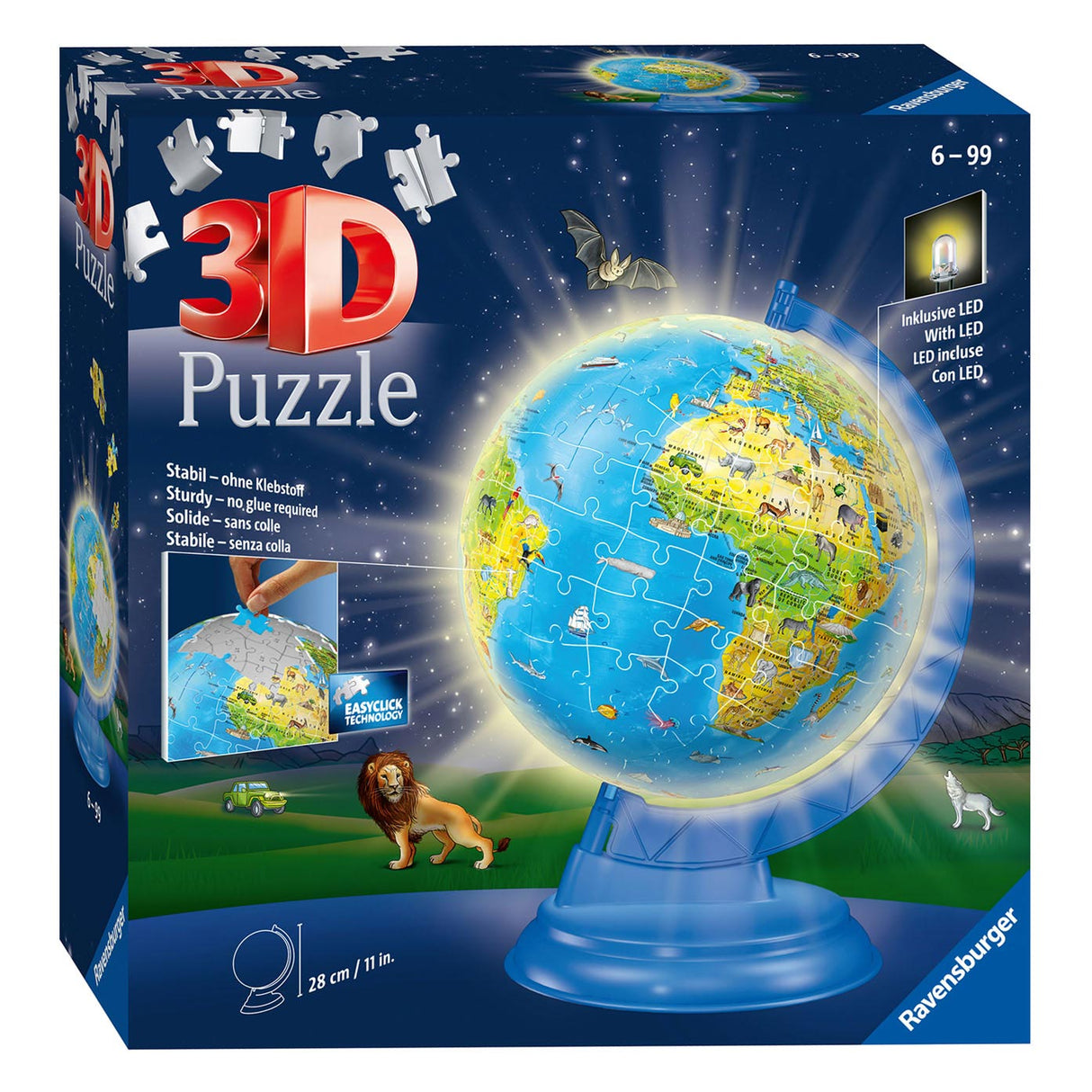 Ravensburger XXL Kinder Globe Night Edition Engelstalig 3D Puzzel, 180st.