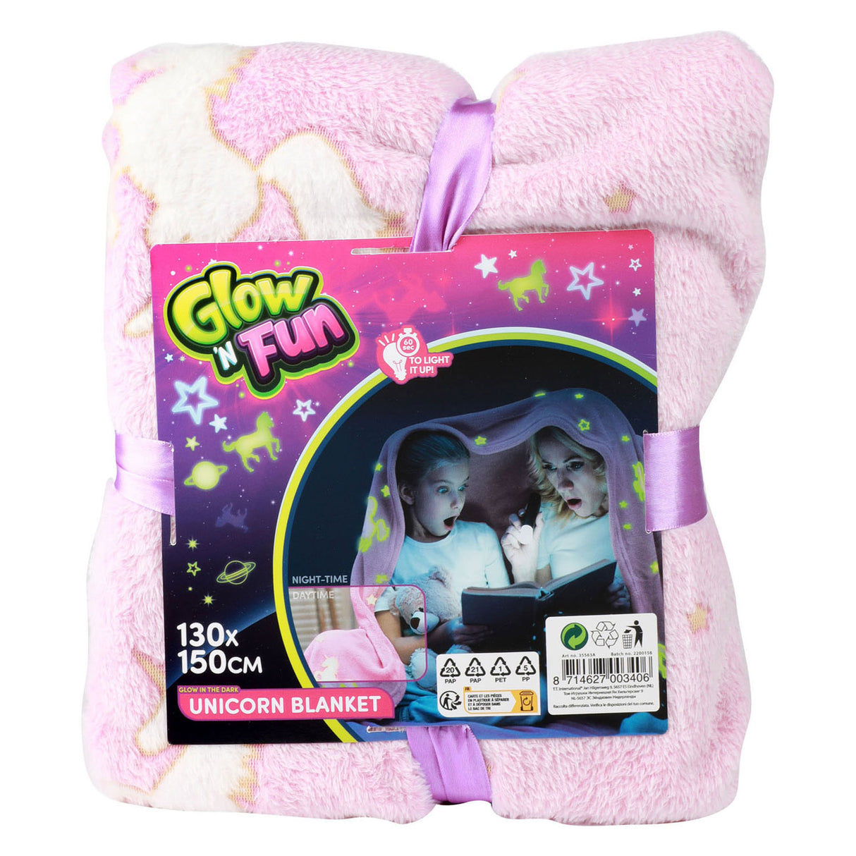 Toi-toys Glow n Fun Glow in The Dark Deken Eenhoorn, 130x150cm