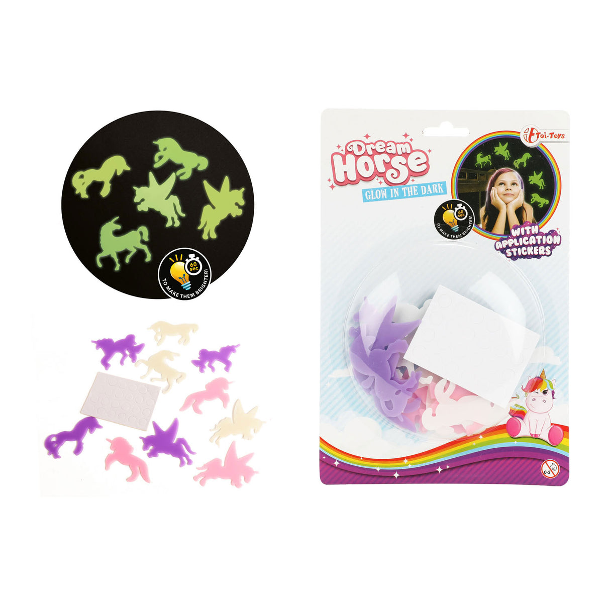 Toi-toys brilla en las pegatinas oscuras unicornio