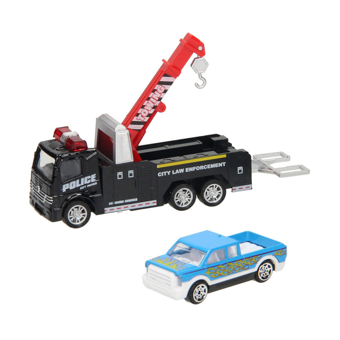 Metal friction tow truck with car