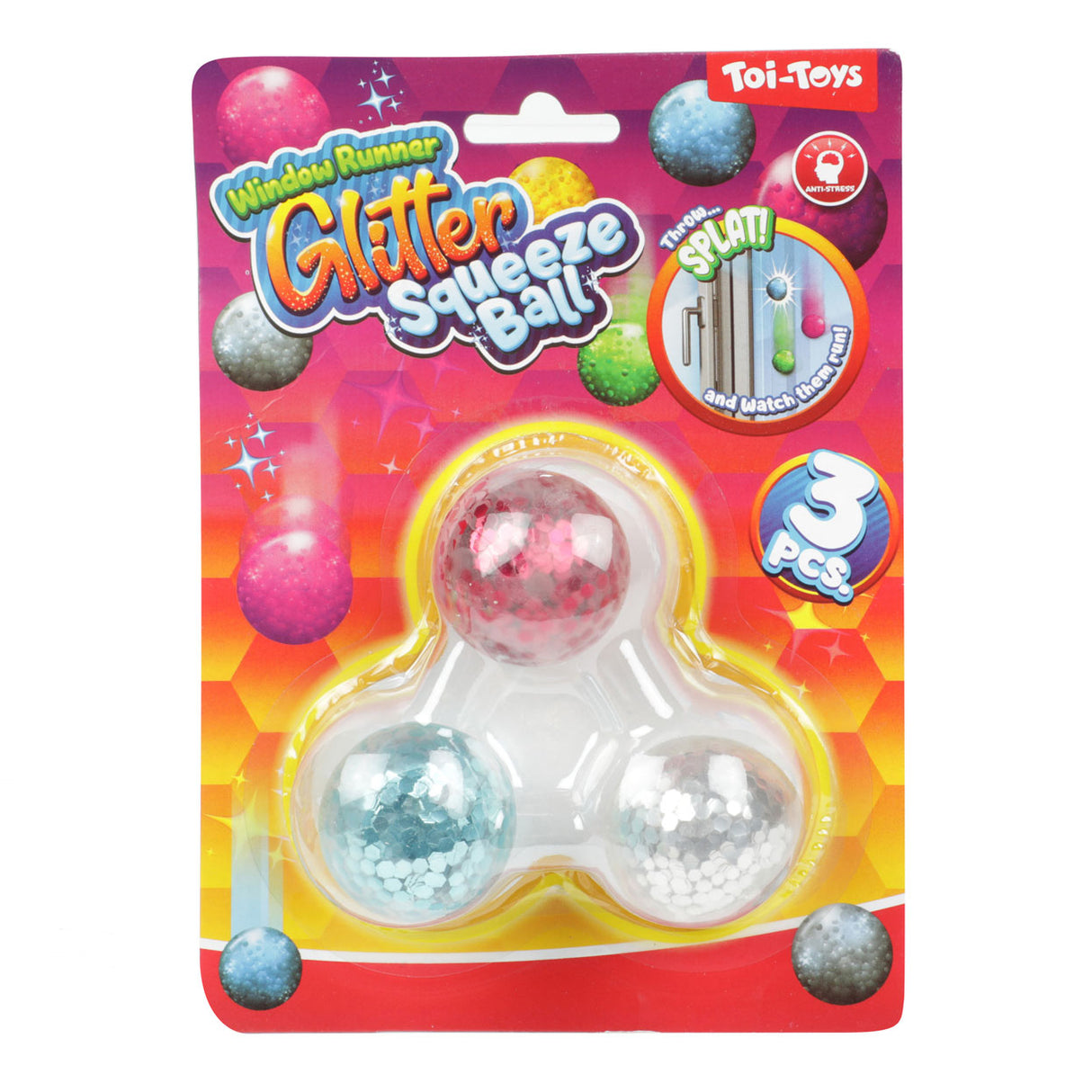 Toi-Toys window crawler squeeze balls Glitter, 3st.