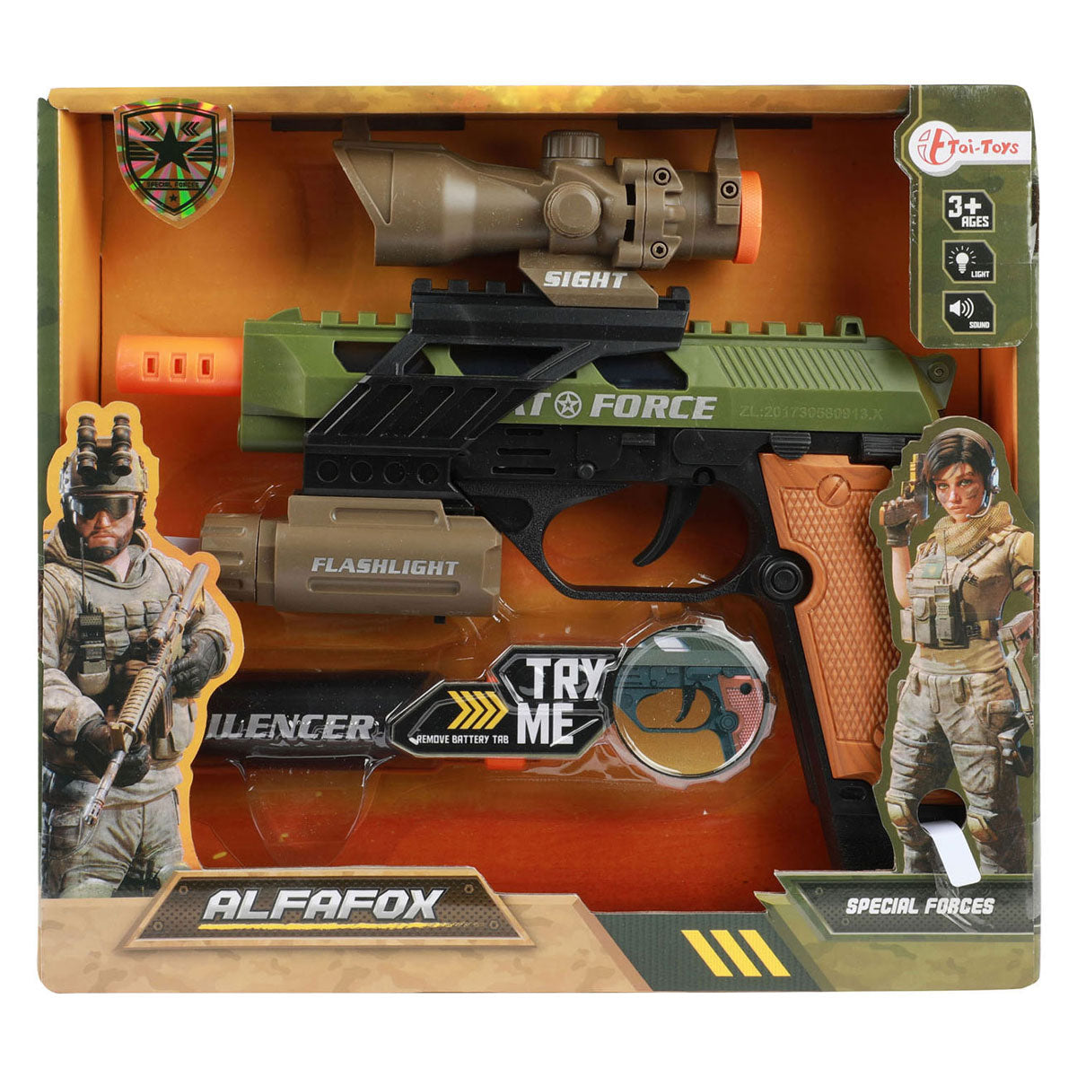 Toi-toys alfafox pistolet militairement avec la lumière et le son et la lampe de poche