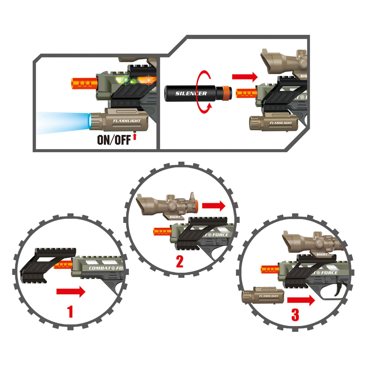 Toi-toys alfafox pistolet militairement avec la lumière et le son et la lampe de poche