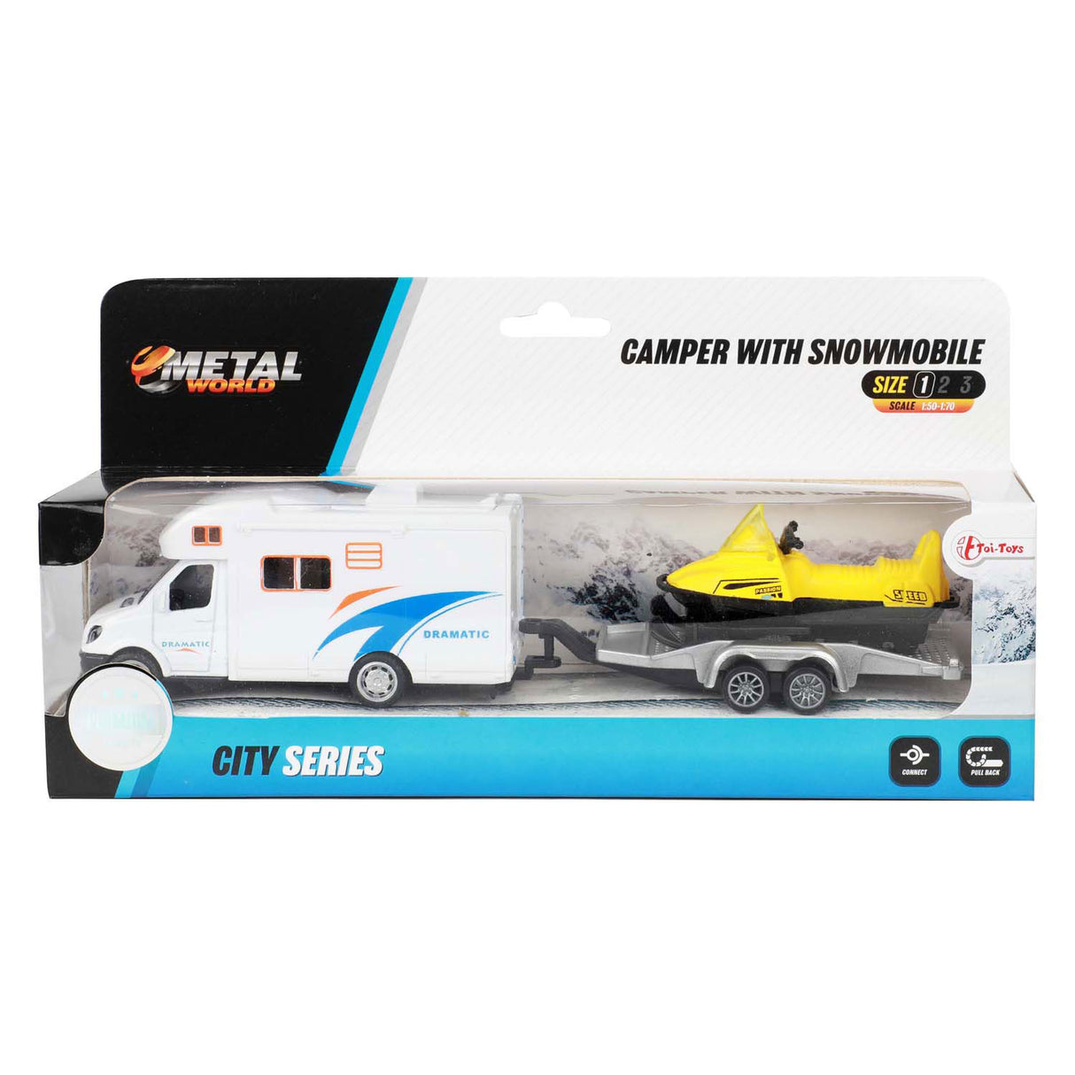 Toi-Toys Metal Pull Back Camper with trailer and snowmobile