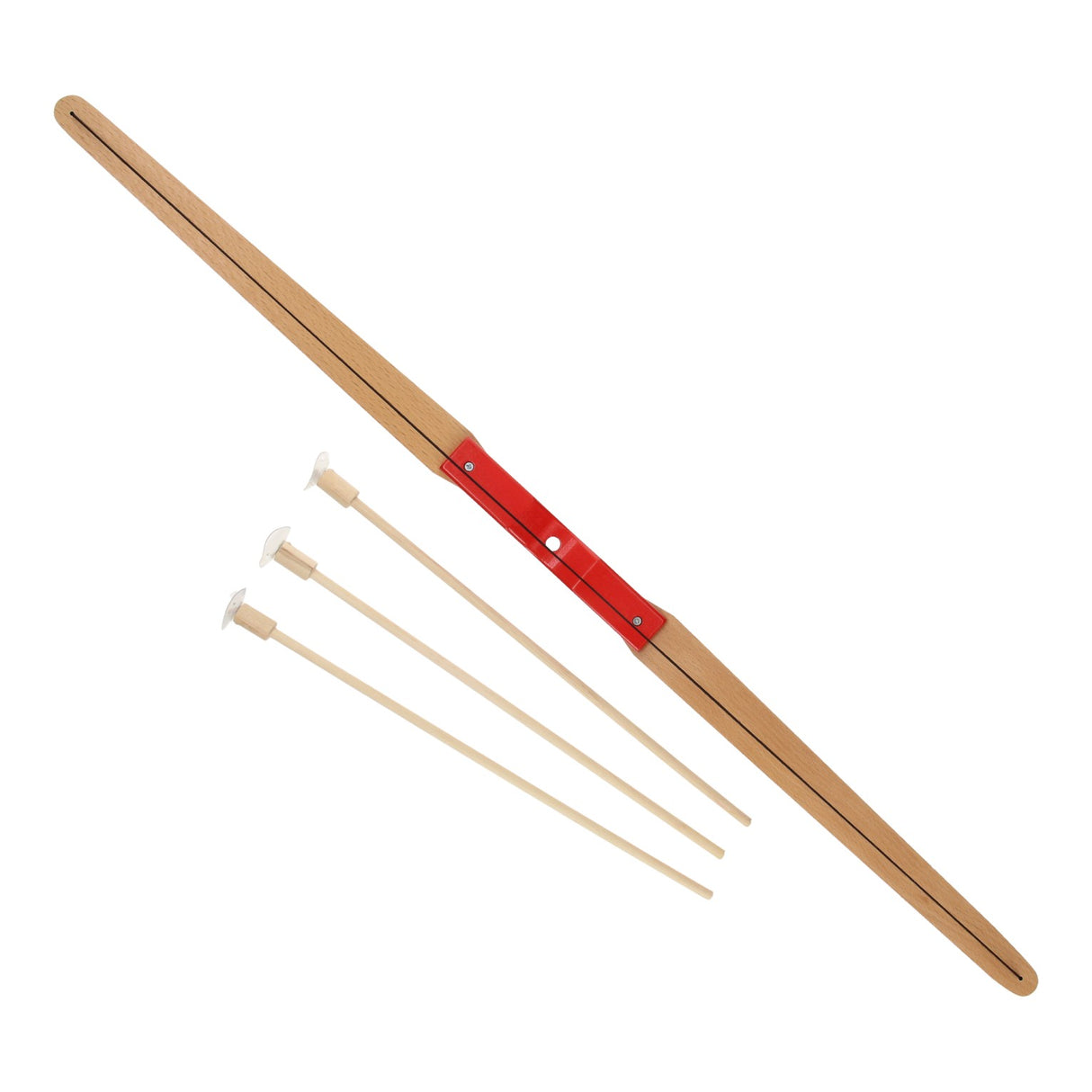 Playwood Holz Spillsaachen Bogen a Pfeil Set 4-Stéck fir Kanner.