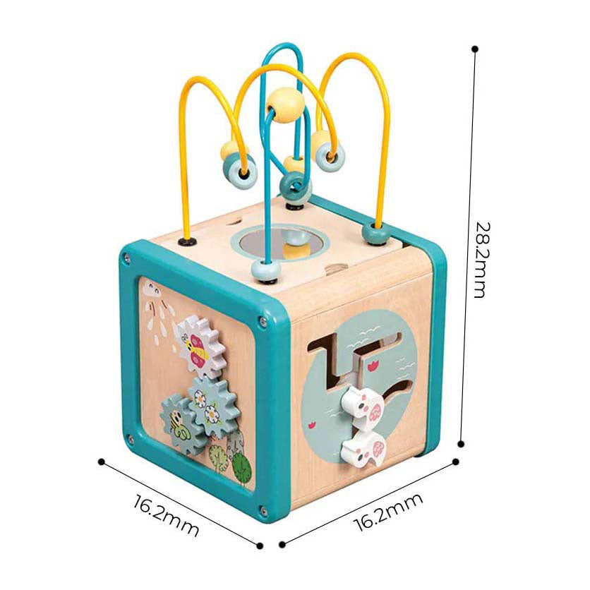 Playwood wooden activity cube with bead frame