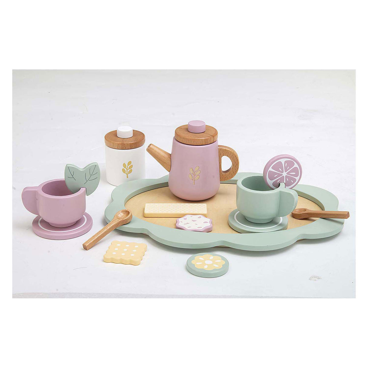 Playwood wooden tea set pastel, 17 pieces.