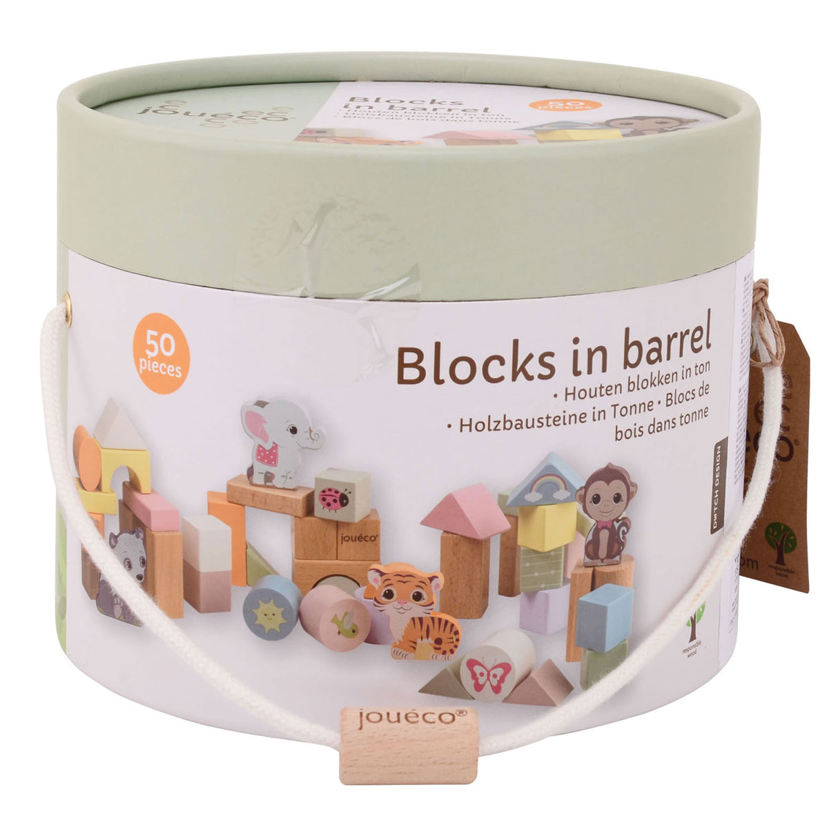 Jouéco ® - d'Wildies Famill Holzblocken an Tonnen 50 Stécker