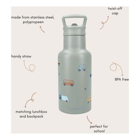 Kidzroom saldūs glaustymai - mokyklinis puodelis ir geriamasis butelis - 350 ml - nerūdijantis plienas - automobiliai - žalia