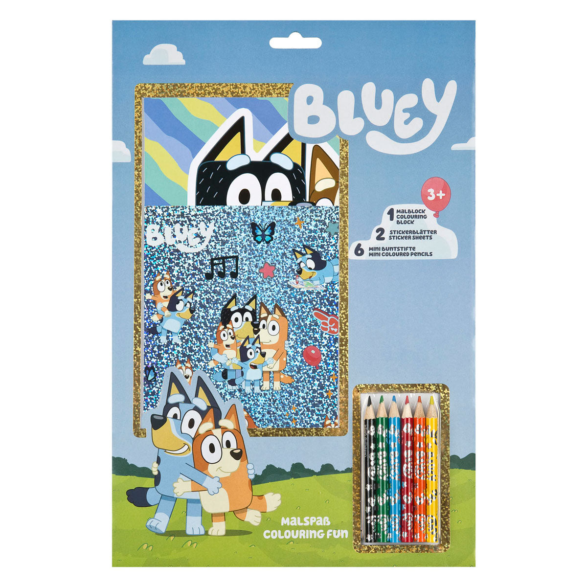 Bloco de cor azulado disfarçado com lápis de cor e adesivos