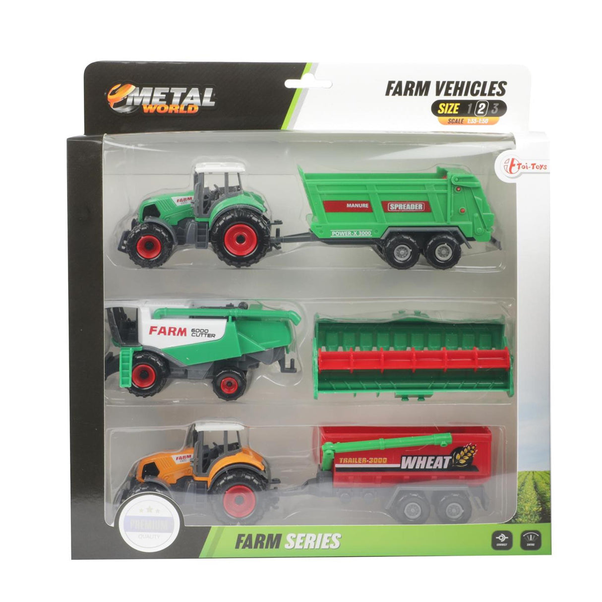 Toi-toys metal agricultural set 6-piece tractor + trailer 4 assorted