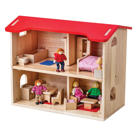 Bigjigs Wooden Doll's House complete with furniture and 4 dolls