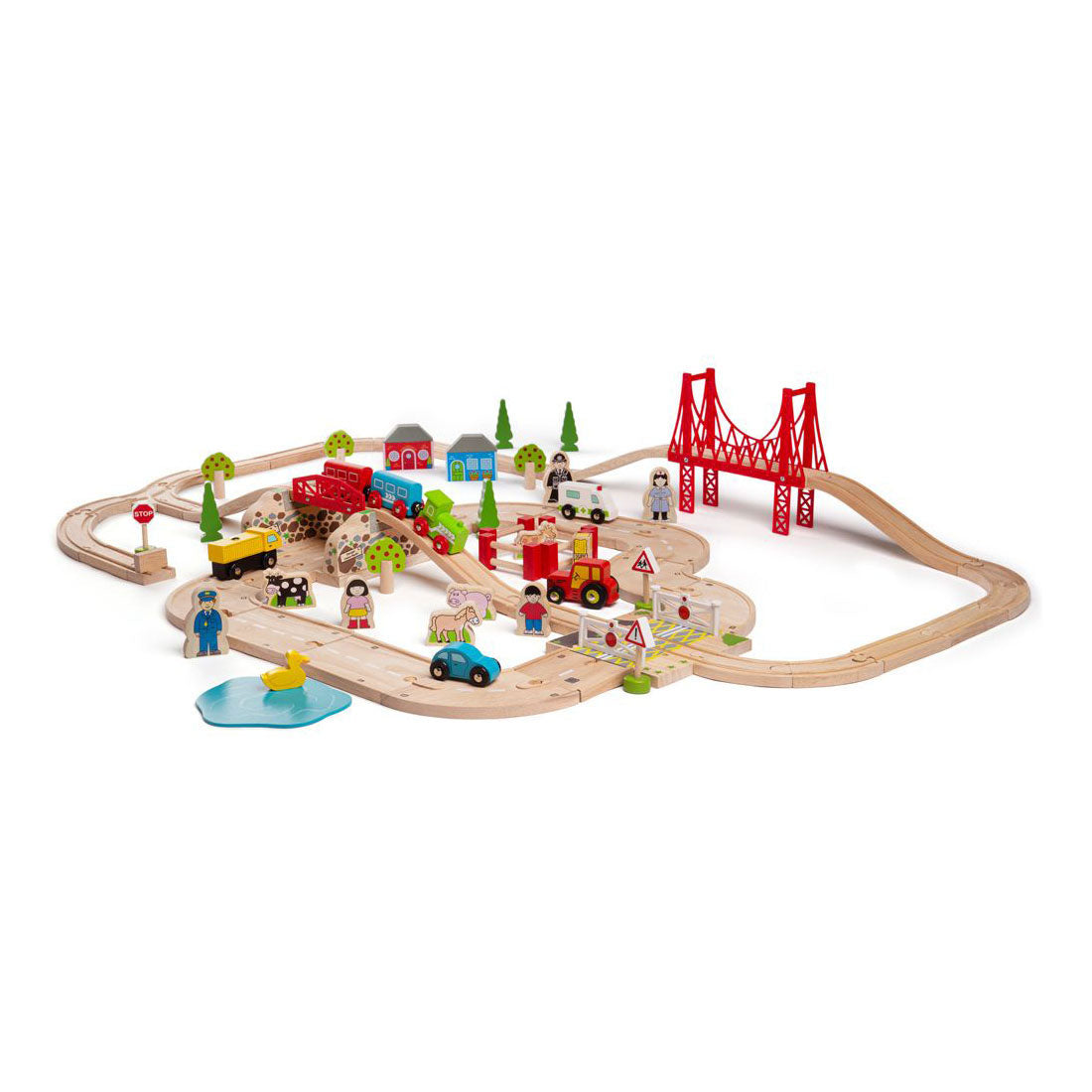 Bigjigs Wooden Road and Train set Countryside, 80dlg.