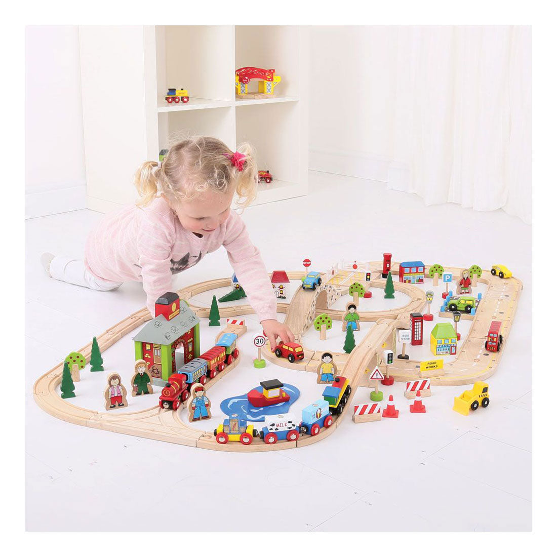 Bigjigs Wooden Train Track y autopases, 105dlg.