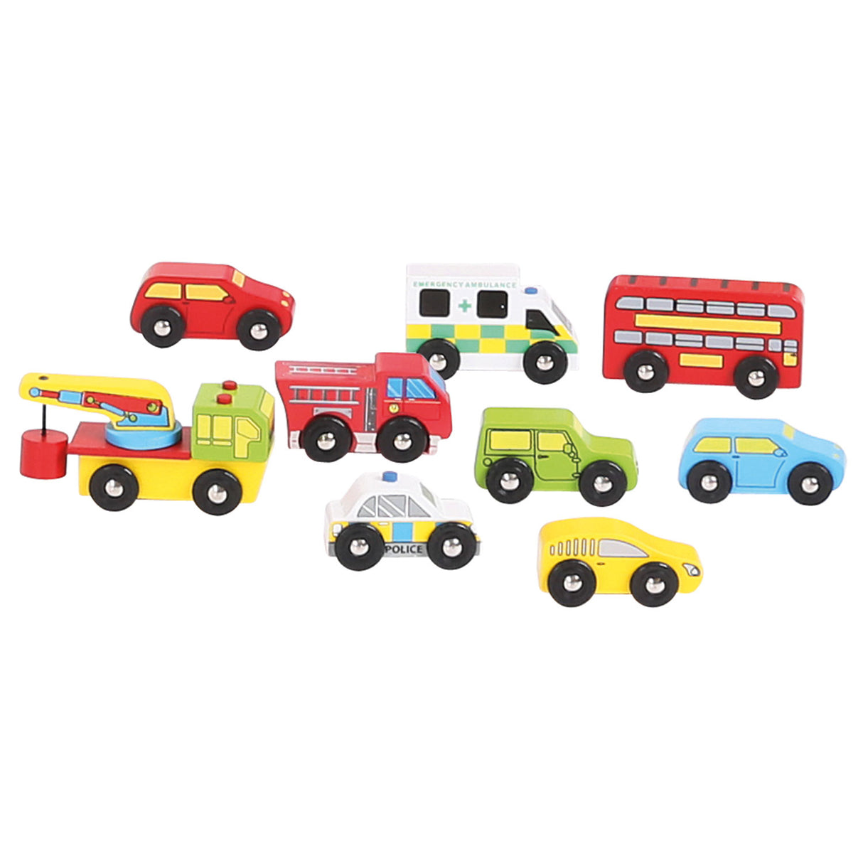 Bigjigs wooden vehicles, 9st.