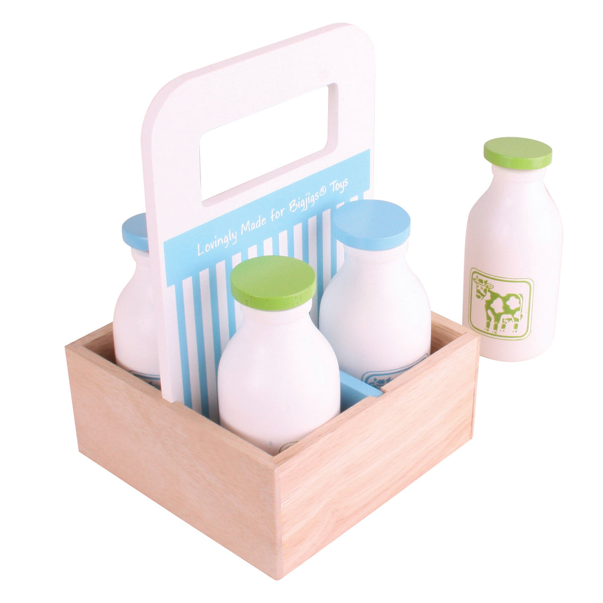 Bigjigs wooden box with milk bottles, 5dlg.