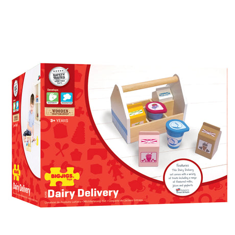 Bigjigs wooden box with dairy products, 7dlg.