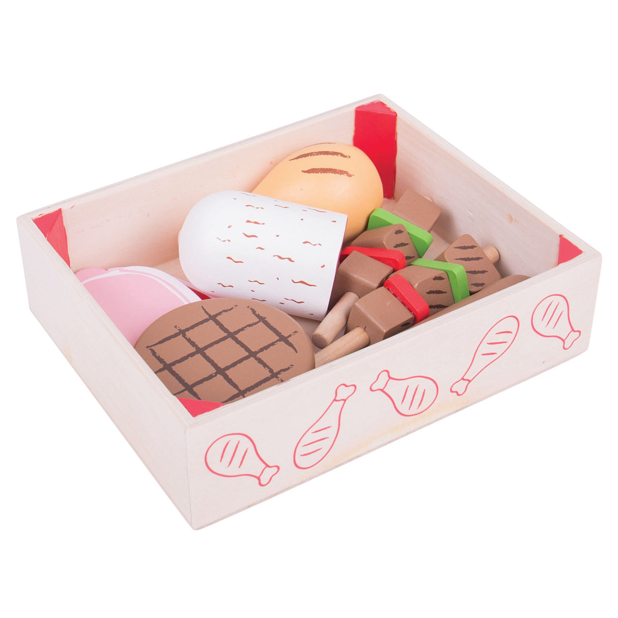 Bigjigs wooden box with meat products, 9 dlg.