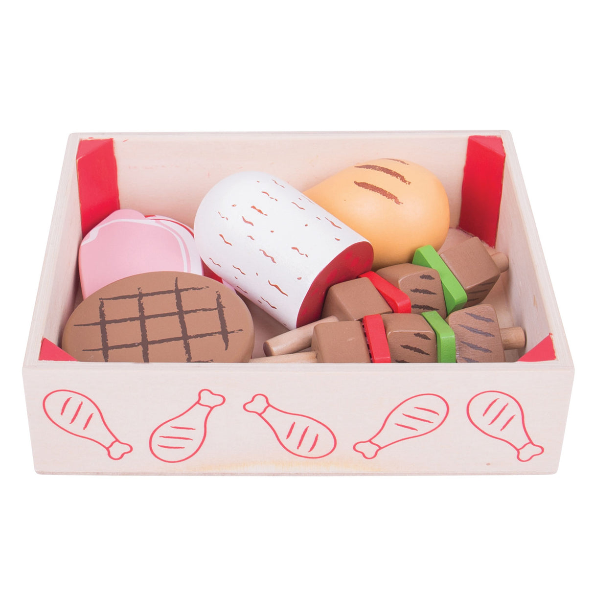 Bigjigs wooden box with meat products, 9 dlg.