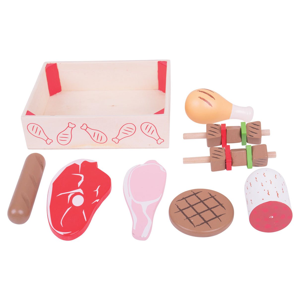 Bigjigs wooden box with meat products, 9 dlg.