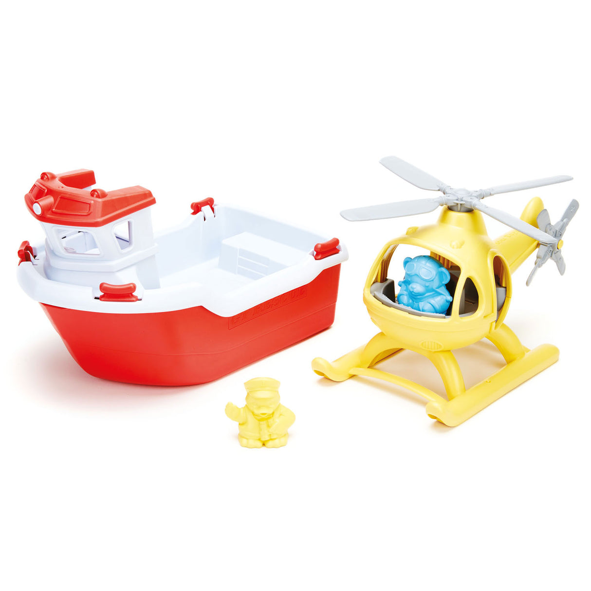 Green toys rescue boat with helicopter