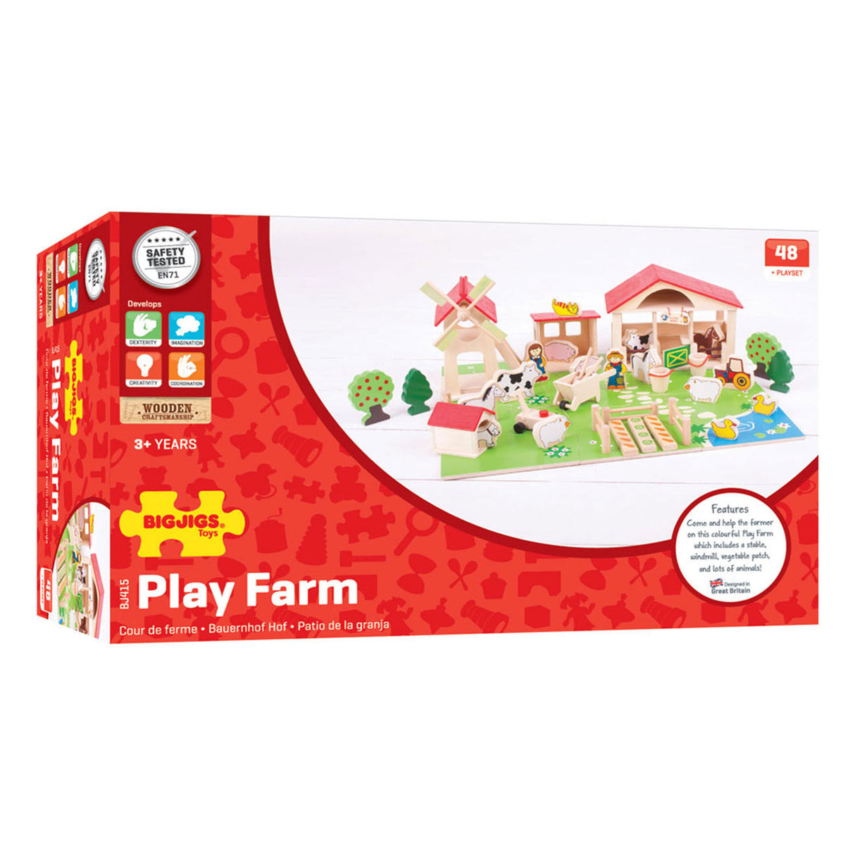 Bigjigs Wooden Play Farm con accessori, 48dlg.