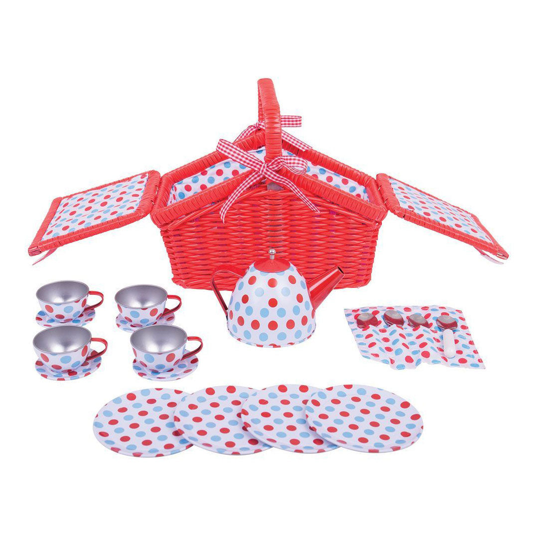 Bigjigs tea set in red storage basket