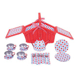 Bigjigs tea set in red storage basket