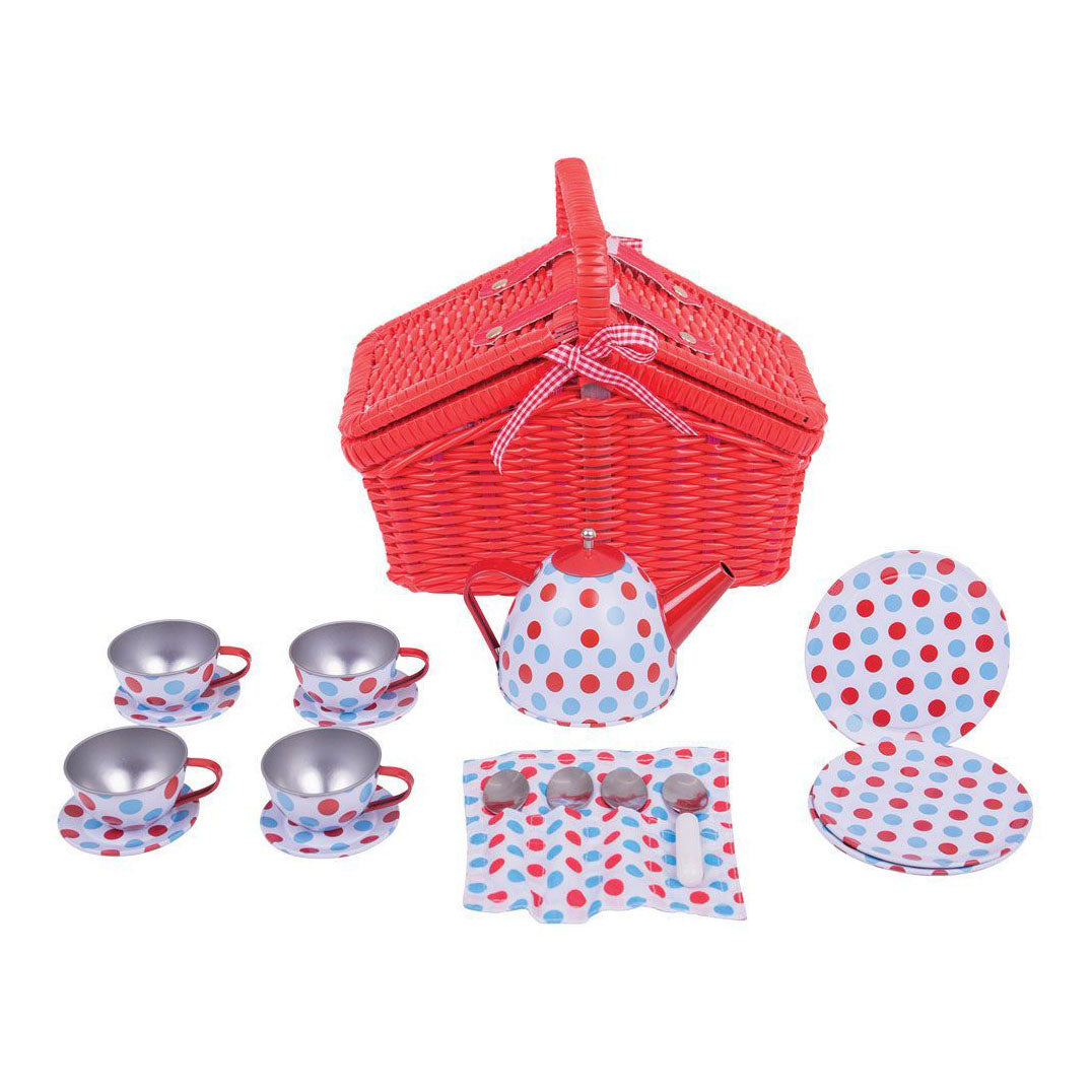 Bigjigs Tea Ensemble dans un panier de rangement rouge