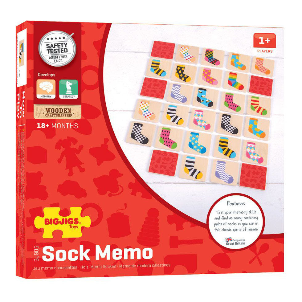 Bigjigs Wooden Memo Game Colored Socken, 32dlg.