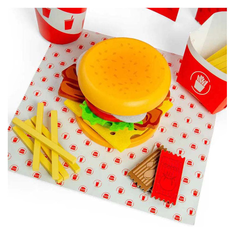 Bigjigs Holz Burger a Fritten Set, 48 Stéck.