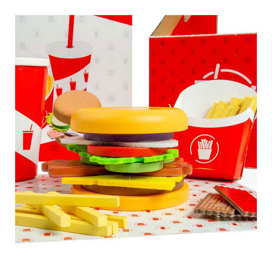 Bigjigs Holz Burger a Fritten Set, 48 Stéck.