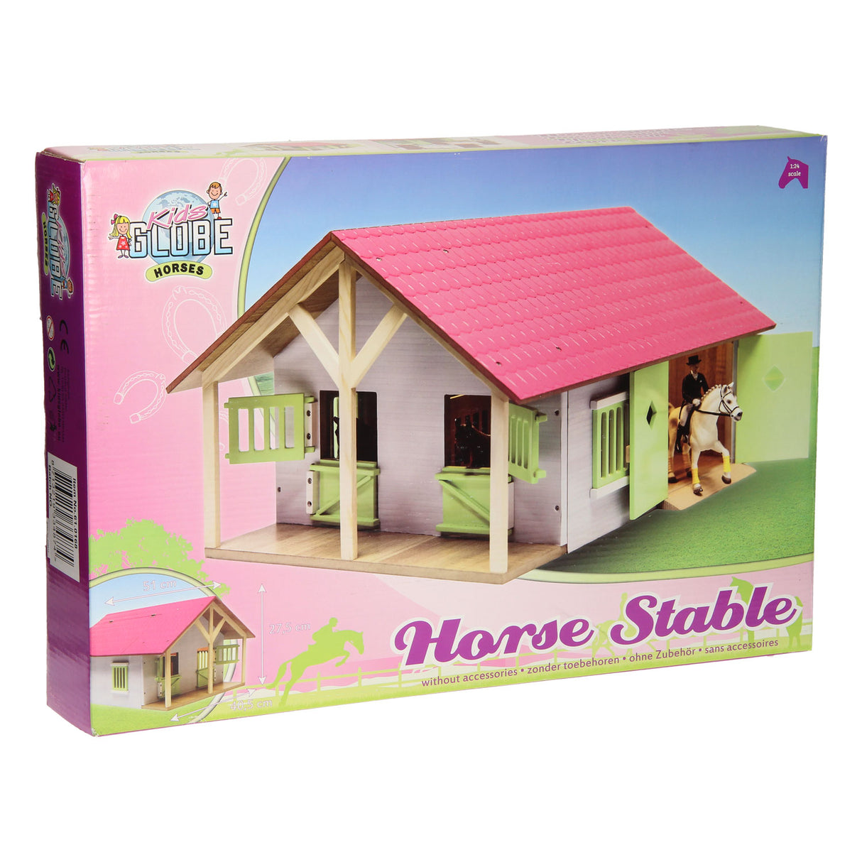 Kids Globe Horse Stable Pink med 2 kasser og opbevaring, 1:24